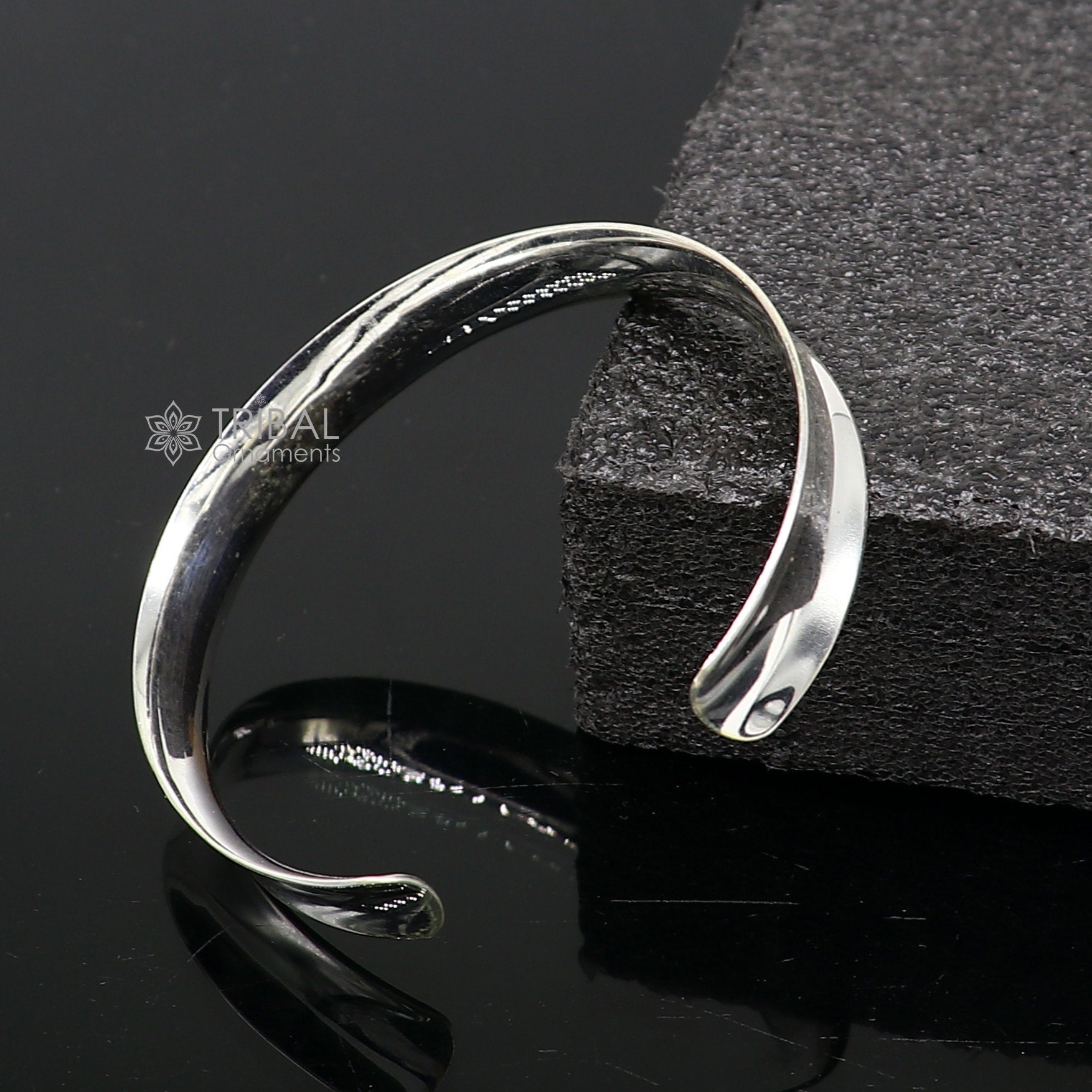 Sterling silver bangle cuff from TRIBAL ORNAMENTS, shiny handmade men's kada bracelet with a sleek, plain design.