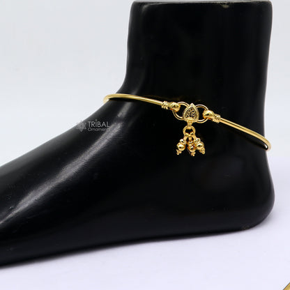 Sterling silver handmade foot bracelet with shiny gold polish, ankle kada, belly dance jewelry, functional and fancy design.