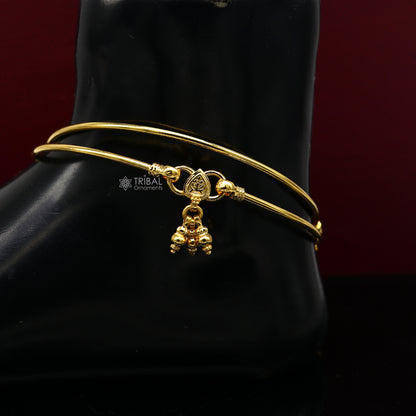 Sterling silver handmade foot bracelet with shiny gold polish, ankle kada, and belly dance jewelry design by TRIBAL ORNAMENTS.