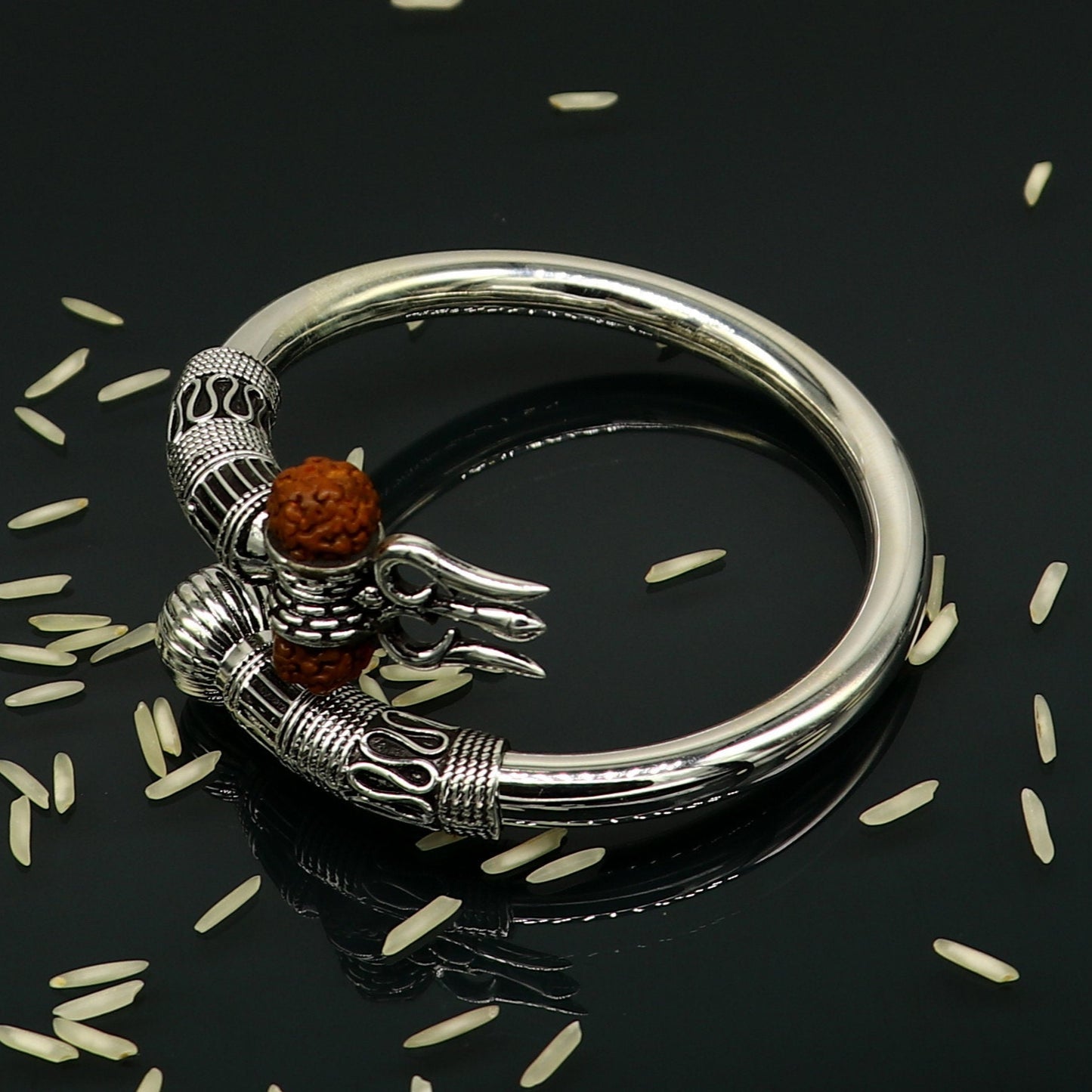 925 Sterling silver handmade plain shiny Lord Shiva trident trishul kada bangle bracelet with natural Rudraksha customized kada nssk415 - TRIBAL ORNAMENTS