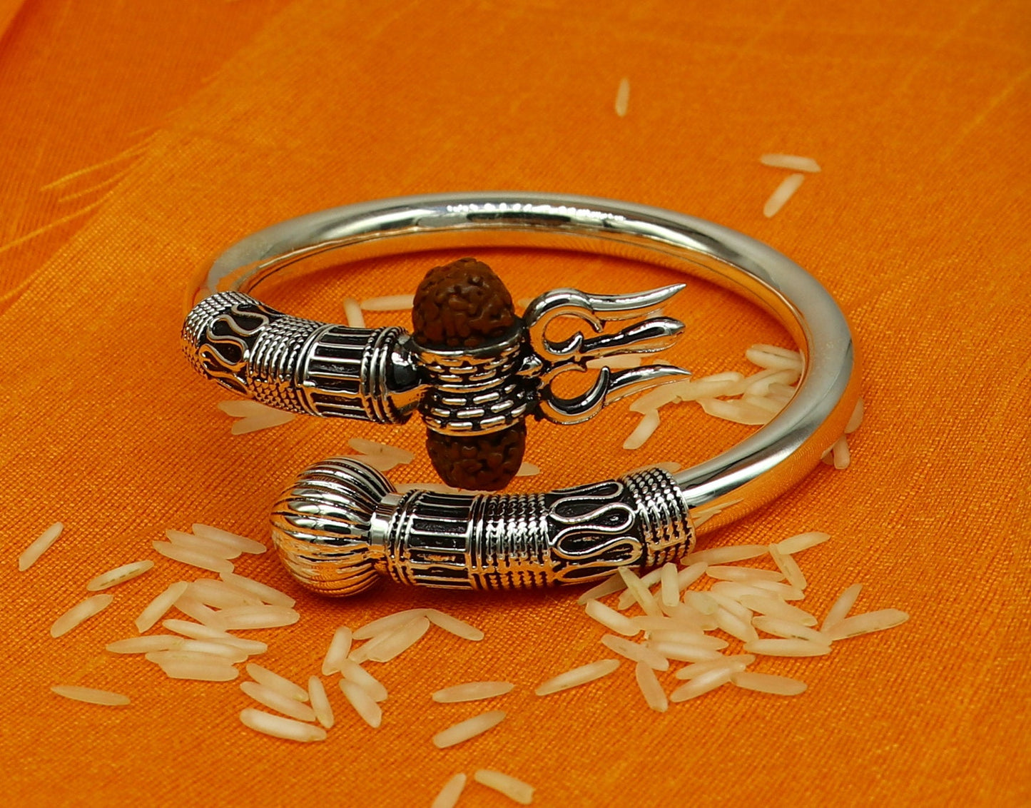 925 Sterling silver handmade plain shiny Lord Shiva trident trishul kada bangle bracelet with natural Rudraksha customized kada nssk415 - TRIBAL ORNAMENTS