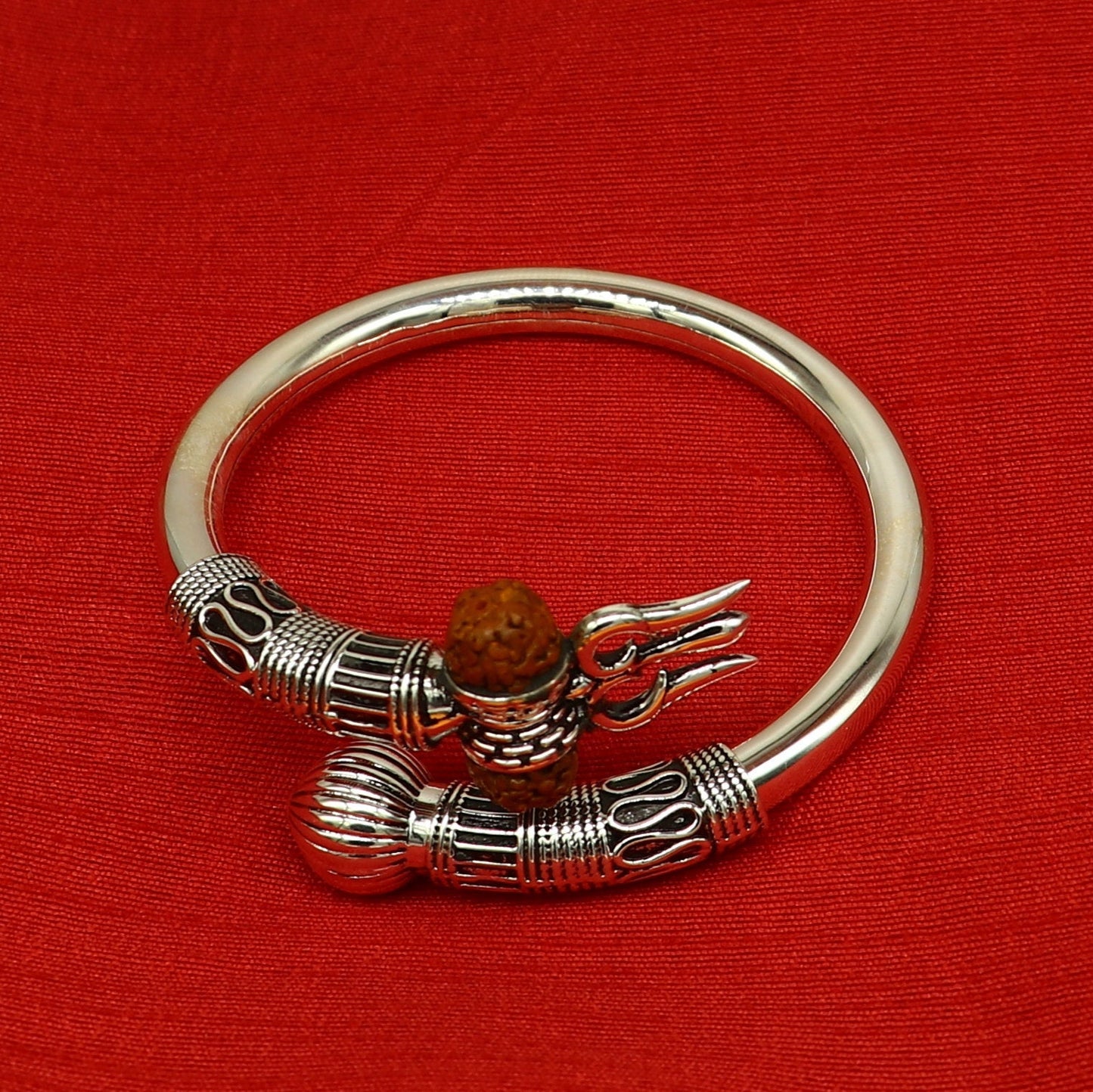 925 Sterling silver handmade plain shiny Lord Shiva trident trishul kada bangle bracelet with natural Rudraksha customized kada nssk415 - TRIBAL ORNAMENTS
