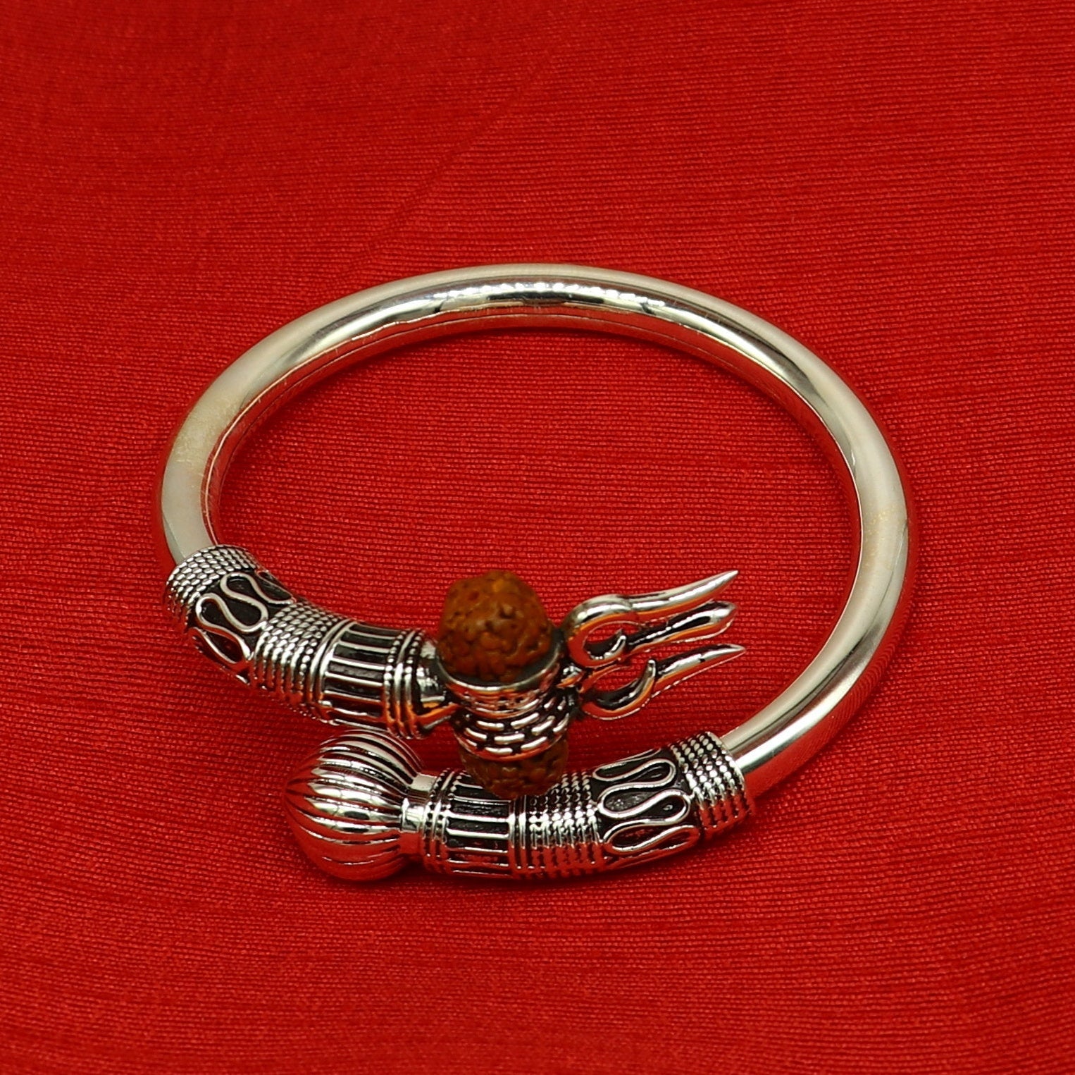 925 Sterling silver handmade plain shiny Lord Shiva trident trishul kada bangle bracelet with natural Rudraksha customized kada nssk415 - TRIBAL ORNAMENTS