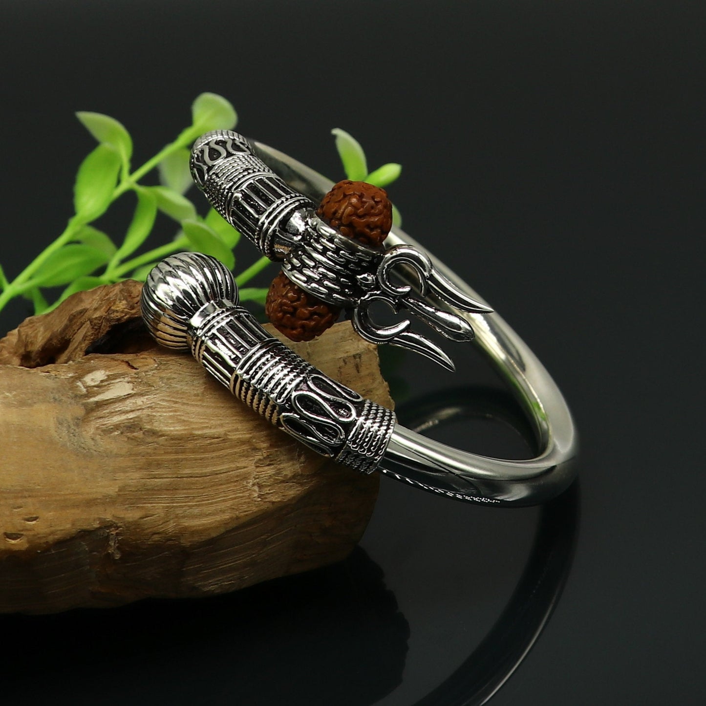 925 Sterling silver handmade plain shiny Lord Shiva trident trishul kada bangle bracelet with natural Rudraksha customized kada nssk415 - TRIBAL ORNAMENTS
