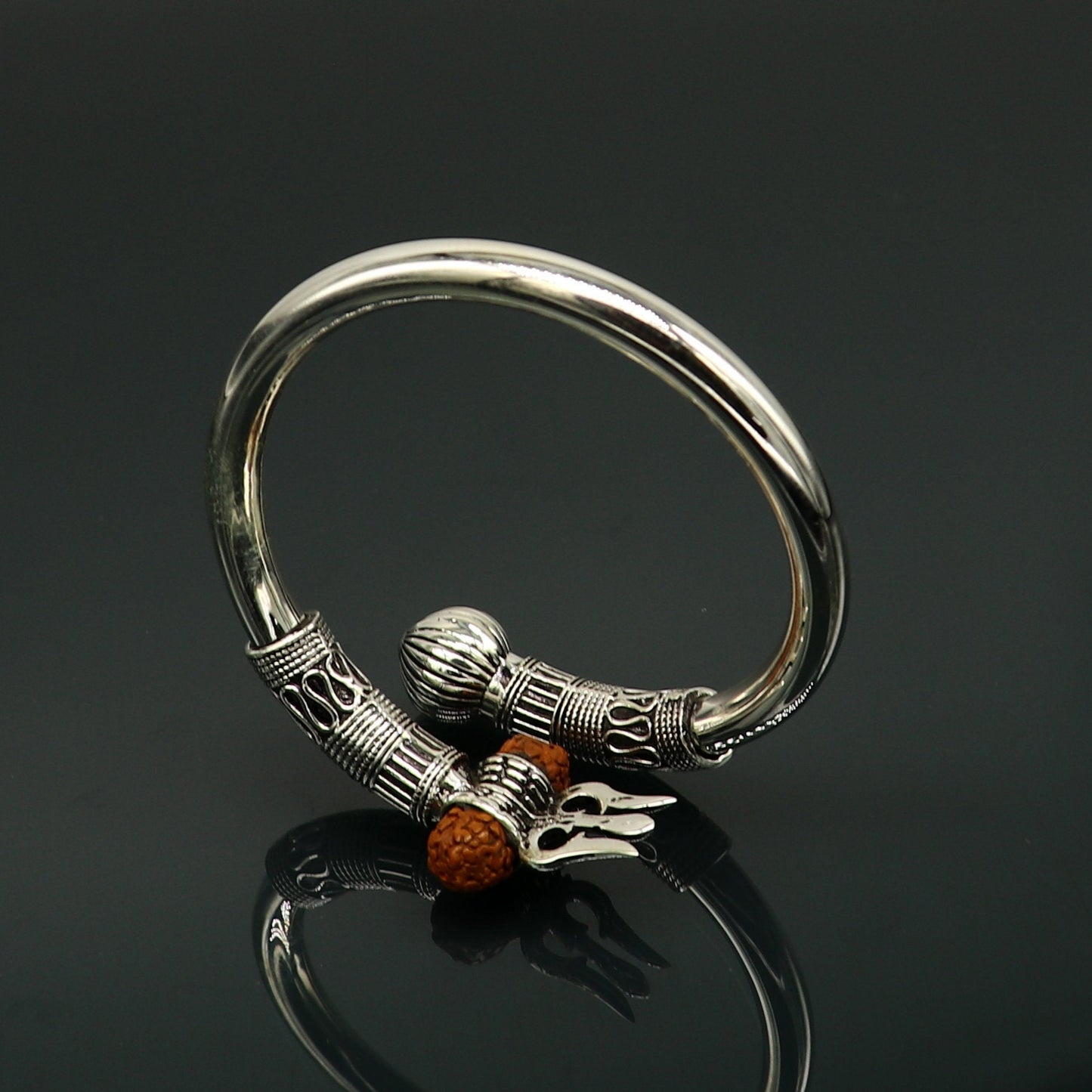 925 Sterling silver handmade plain shiny Lord Shiva trident trishul kada bangle bracelet with natural Rudraksha customized kada nssk415 - TRIBAL ORNAMENTS