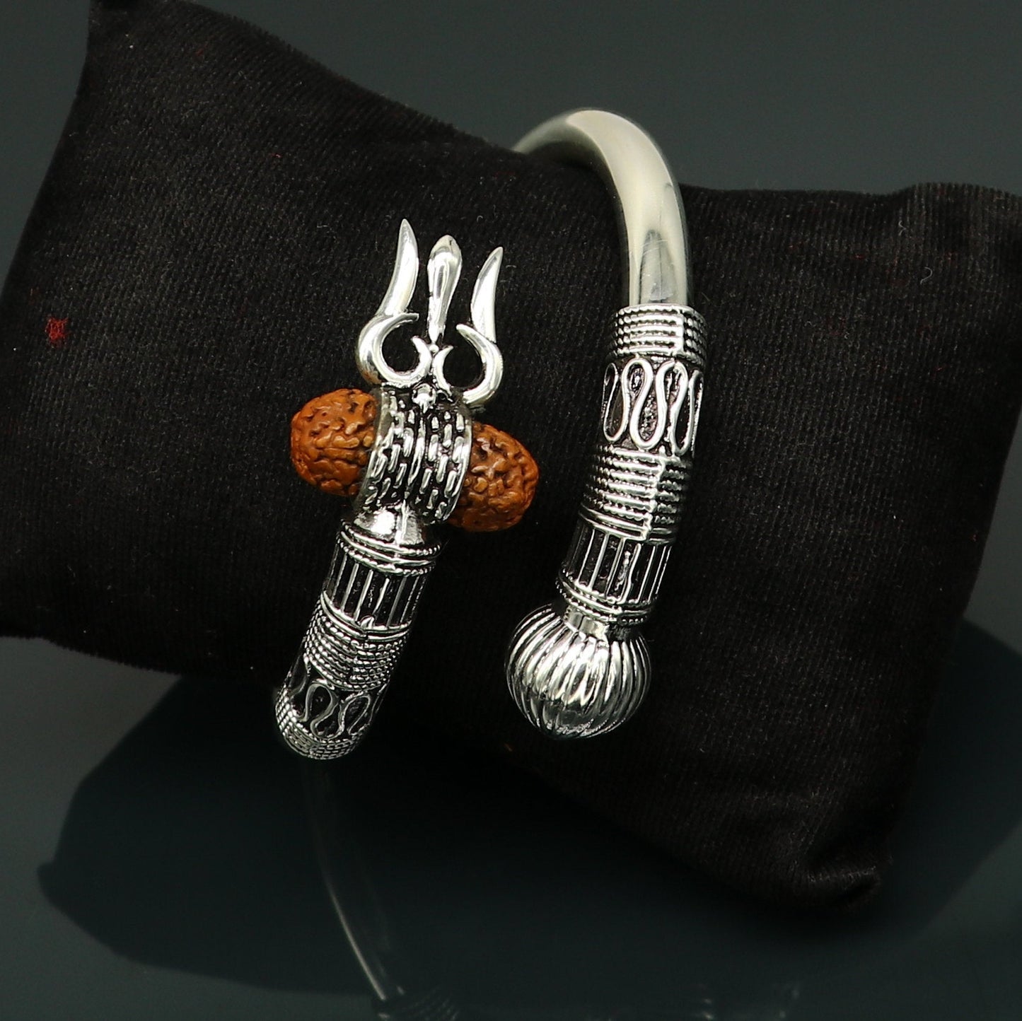 925 Sterling silver handmade plain shiny Lord Shiva trident trishul kada bangle bracelet with natural Rudraksha customized kada nssk417 - TRIBAL ORNAMENTS