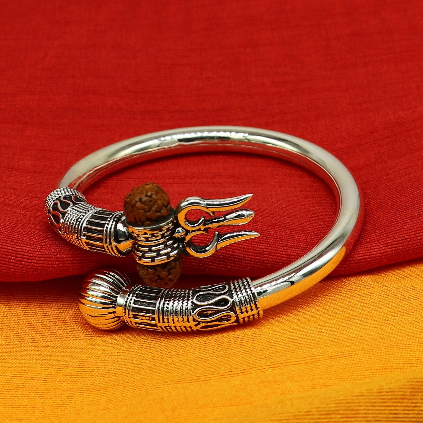 925 Sterling silver handmade plain shiny Lord Shiva trident trishul kada bangle bracelet with natural Rudraksha customized kada nssk417 - TRIBAL ORNAMENTS