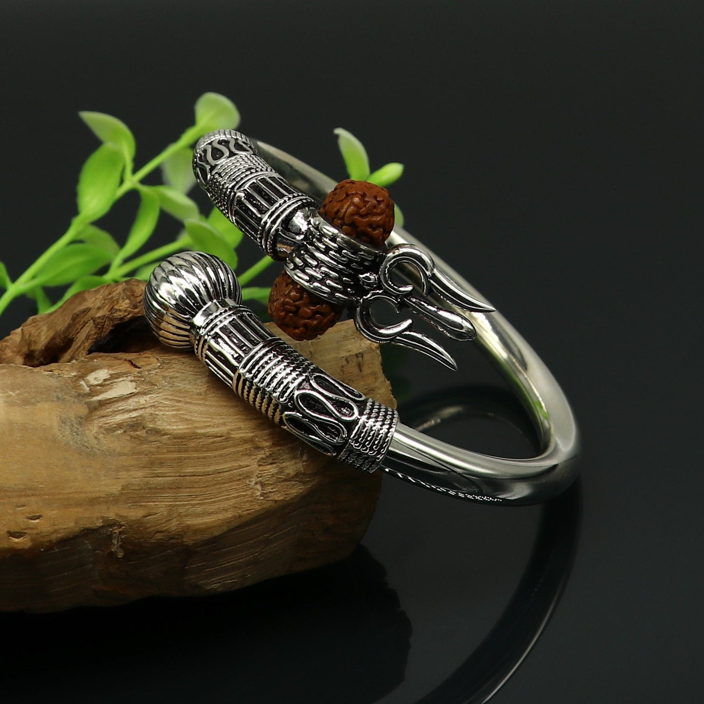 925 Sterling silver handmade plain shiny Lord Shiva trident trishul kada bangle bracelet with natural Rudraksha customized kada nssk417 - TRIBAL ORNAMENTS