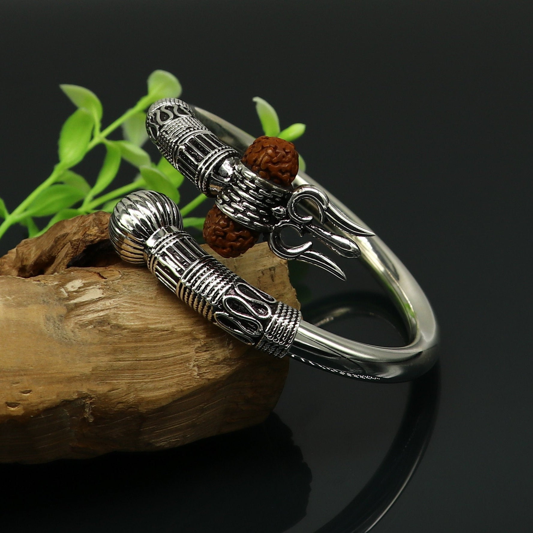 925 Sterling silver handmade plain shiny Lord Shiva trident trishul kada bangle bracelet with natural Rudraksha customized kada nssk417 - TRIBAL ORNAMENTS