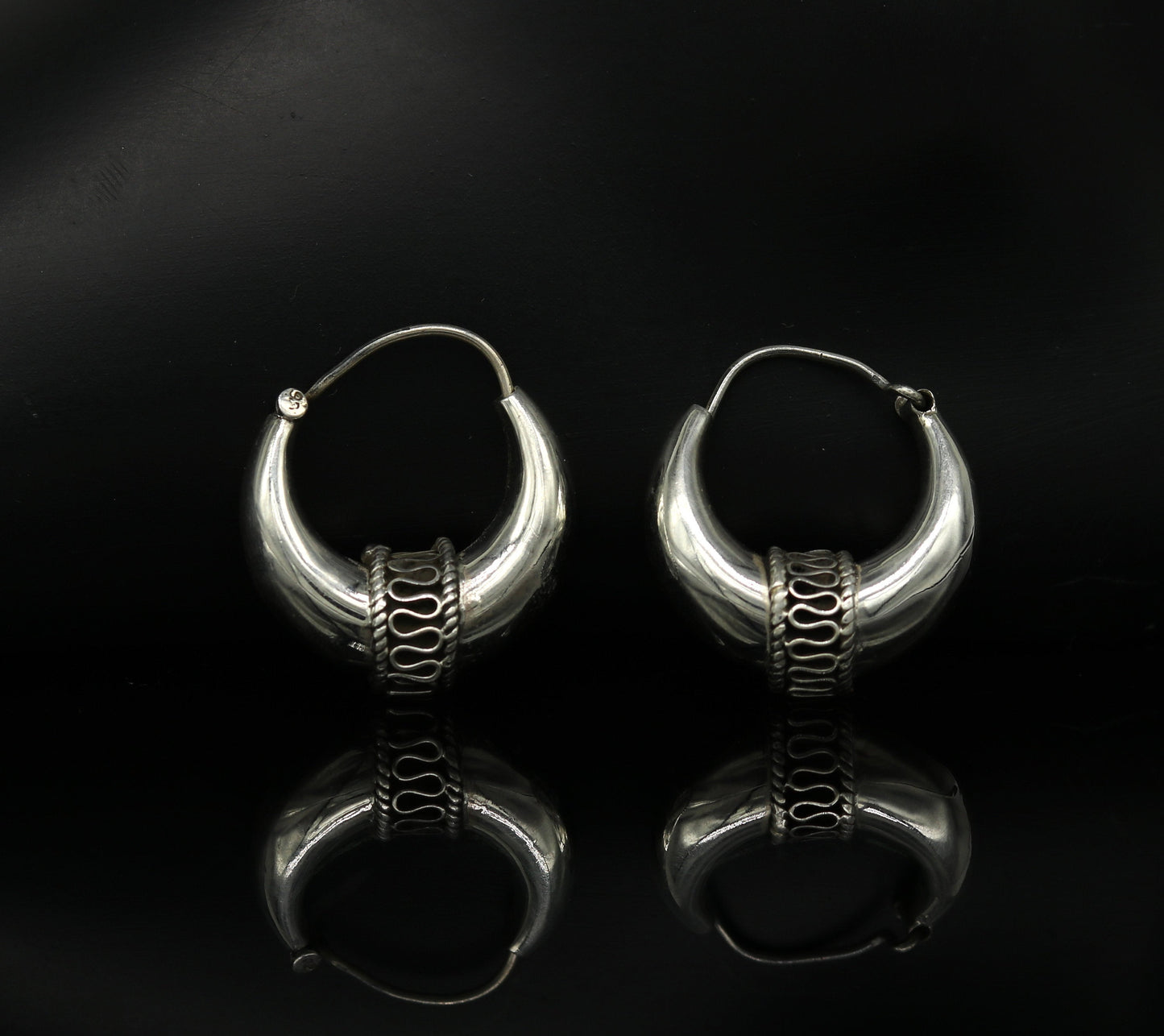Sterling silver handmade hoop earrings by TRIBAL ORNAMENTS, stylish Bali-inspired hoops perfect for belly dance or personalized gift.
