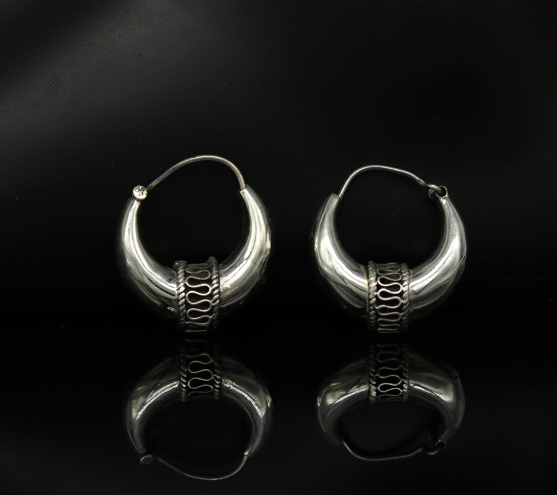 Sterling silver handmade hoop earrings by TRIBAL ORNAMENTS, stylish Bali-inspired hoops perfect for belly dance or personalized gift.