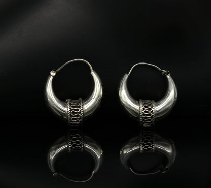 Sterling silver handmade hoop earrings by TRIBAL ORNAMENTS, stylish Bali-inspired hoops perfect for belly dance or personalized gift.