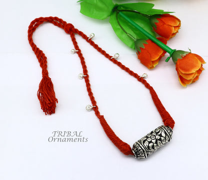Sterling silver Rajasthani traditional necklace choker with intricate design, part of a bridal gift set, handmade by TRIBAL ORNAMENTS.