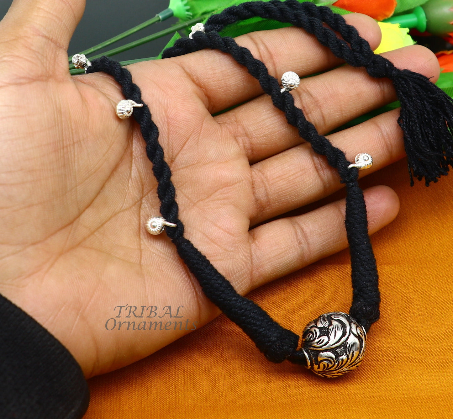 Sterling silver Rajasthani traditional choker necklace with intricate design, handmade by Tribal Ornaments, ideal for bridal or belly dance attire.