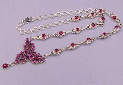 925 Sterling silver handmade necklace with red gemstones, featuring a charm, perfect for parties, belly dance, or bridesmaid gift jewelry.