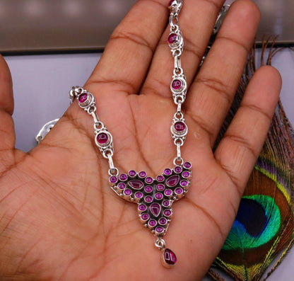 925 Sterling silver handmade red gemstone necklace with charm, perfect for parties, belly dance, or bridesmaid gift jewelry.