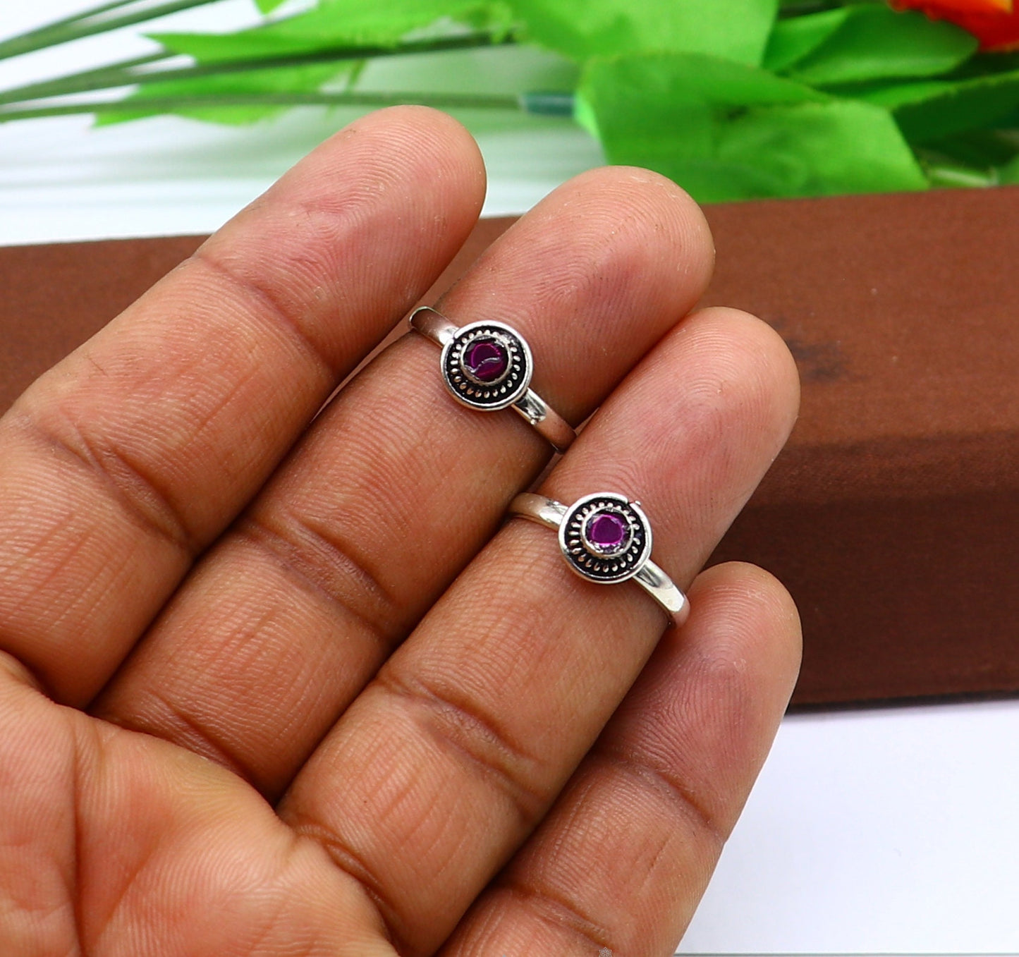 925 sterling silver handmade round shape tiny red stone toe ring band tribal belly cultural ethnic jewelry from India ntr98 - TRIBAL ORNAMENTS