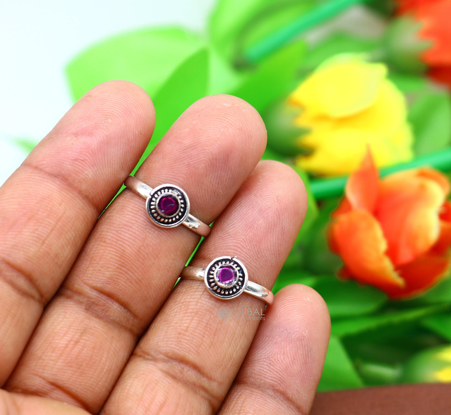 925 sterling silver handmade round shape tiny red stone toe ring band tribal belly cultural ethnic jewelry from India ntr98 - TRIBAL ORNAMENTS