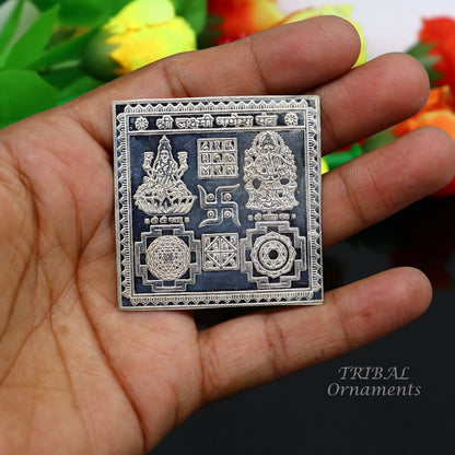 Handmade 925 sterling silver Shree Lakshmi Ganesha Yantra for wealth and prosperity, ideal for Diwali puja celebrations.