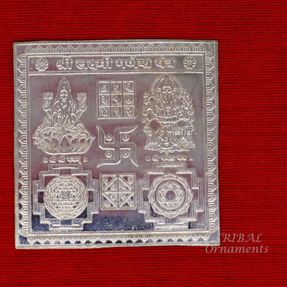 Handmade 925 sterling silver Shree Lakshmi Ganesha Yantra for wealth and prosperity, ideal for Diwali puja from India by TRIBAL ORNAMENTS.