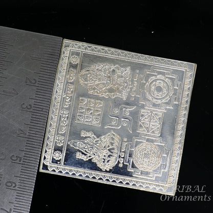 Handmade 925 sterling silver Shree Lakshmi Ganesha Yantra for wealth and prosperity, ideal for Diwali puja from India.