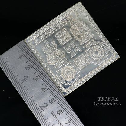925 sterling silver handmade Shree Lakshmi Ganesha Yantra for wealth and prosperity, traditional Diwali puja article from India.
