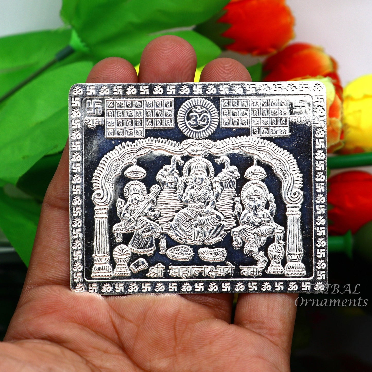 925 sterling silver Shree Mahalakshmi frame with Ganesha and Saraswati, a divine wealth and prosperity sacred article by Tribal Ornaments