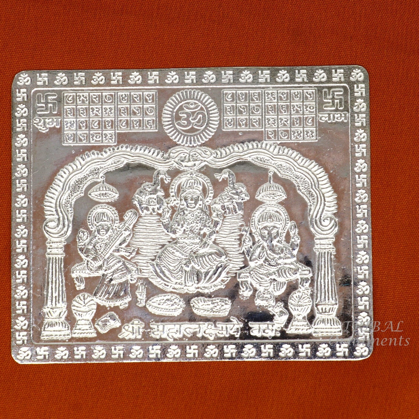 925 sterling silver Shree Mahalakshmi frame with Ganesha and Saraswati, divine religious article for wealth and prosperity by Tribal Ornaments