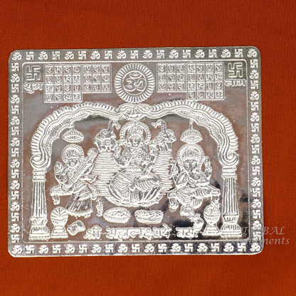 925 sterling silver Shree Mahalakshmi frame with Ganesha and Saraswati, divine religious article for wealth and prosperity by Tribal Ornaments
