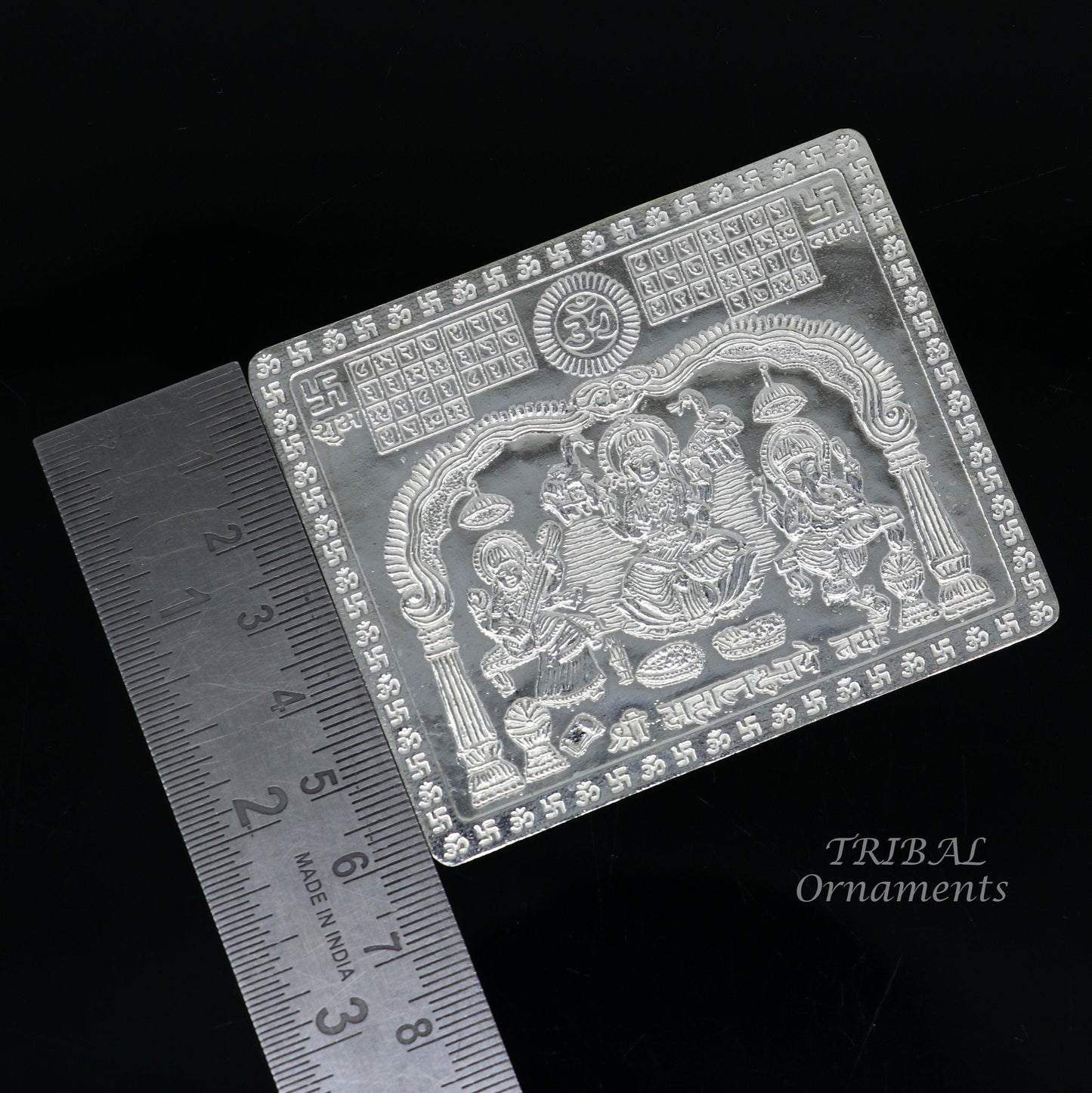 925 sterling silver Shree Mahalakshmi frame with Ganesha and Saraswati, divine religious article for wealth and prosperity by TRIBAL ORNAMENTS