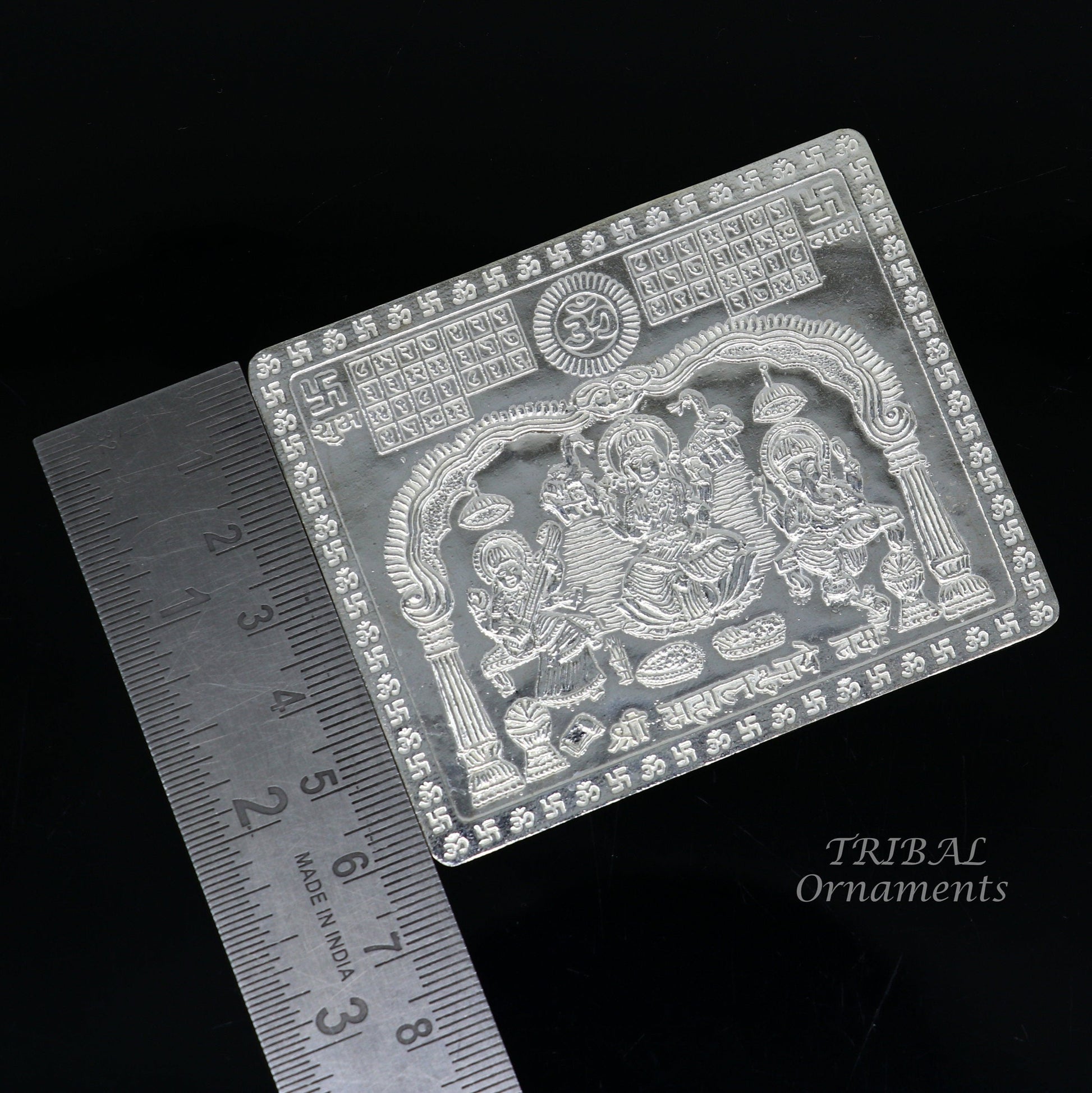 925 sterling silver Shree Mahalakshmi frame with Ganesha and Saraswati, divine religious article for wealth and prosperity by TRIBAL ORNAMENTS