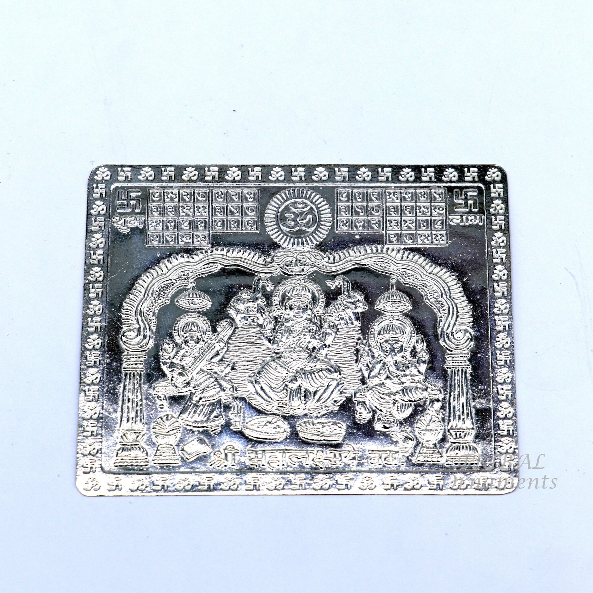 925 sterling silver Shree Mahalakshmi frame with Ganesha and Saraswati, a divine holy article for wealth and prosperity by TRIBAL ORNAMENTS