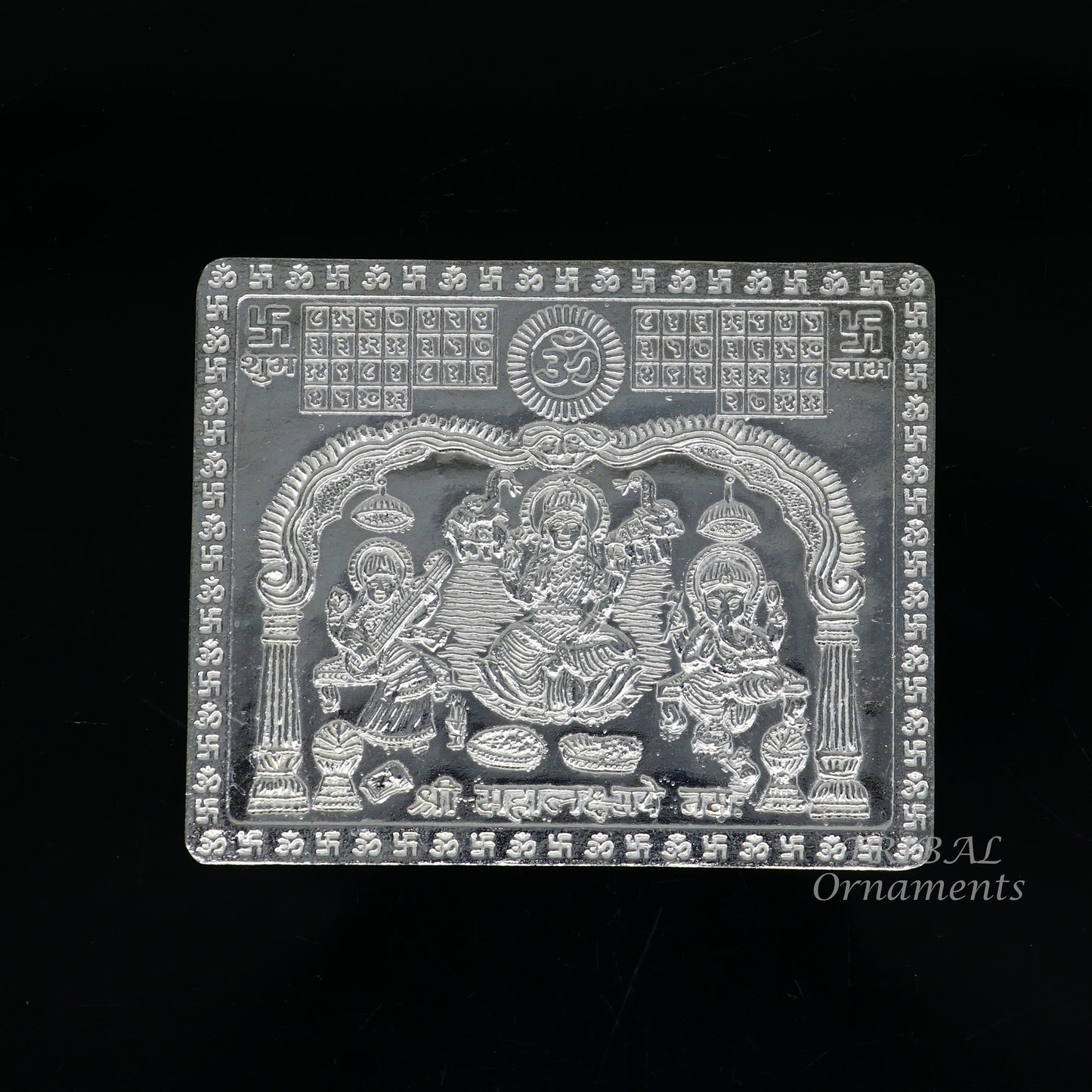 925 sterling silver Shree Mahalakshmi frame with Ganesha and Saraswati, handmade divine article for wealth and prosperity by Tribal Ornaments