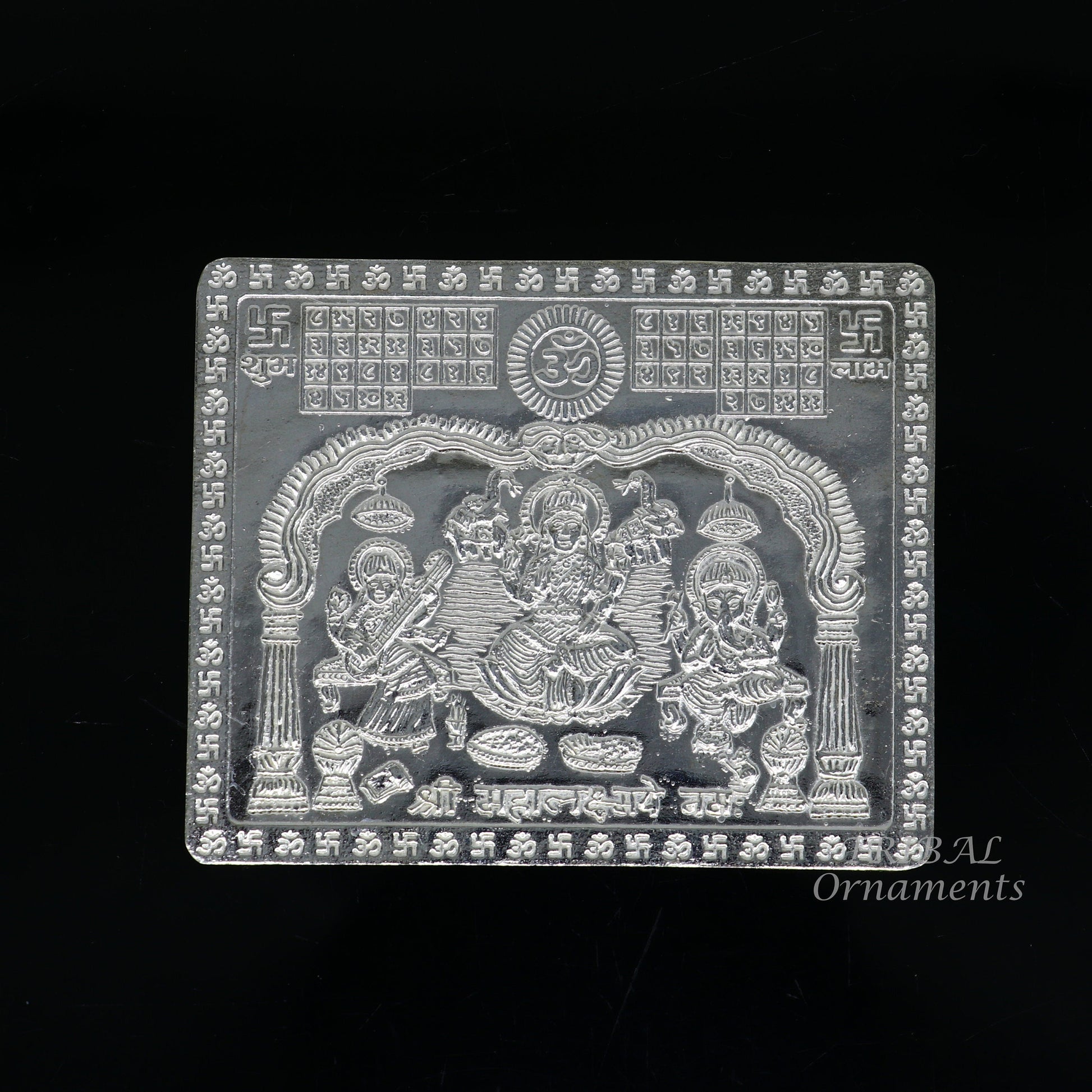 925 sterling silver Shree Mahalakshmi frame with Ganesha and Saraswati, handmade divine article for wealth and prosperity by Tribal Ornaments