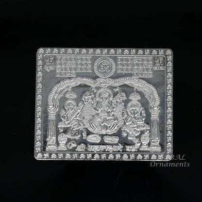 925 sterling silver Shree Mahalakshmi frame with Ganesha and Saraswati, handmade divine article for wealth and prosperity by Tribal Ornaments