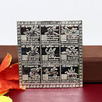 925 sterling silver handmade Shreeb Navgrah Shanti Yantra for wealth and prosperity, traditional Hindu puja article.