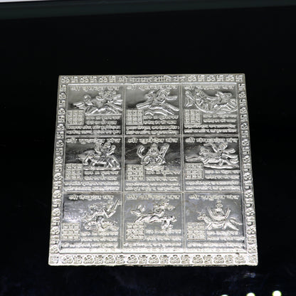 925 silver handmade Shreeb Navgrah Shanti Yantra for wealth and prosperity, intricate silver yantra for puja and gifting.