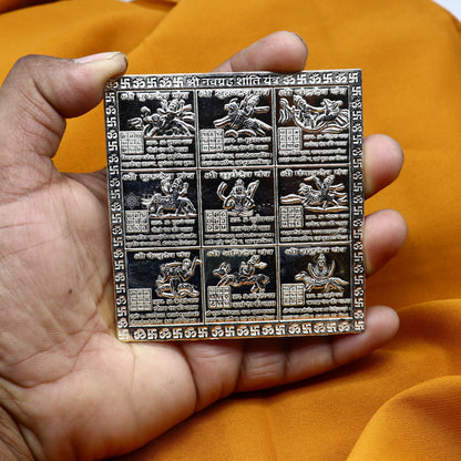 925 sterling silver handmade Shreeb Navgrah Shanti Yantra for wealth and prosperity, traditional puja article from Tribal Ornaments