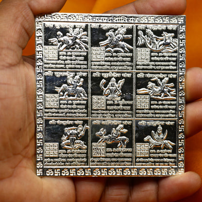 Handmade 925 sterling silver Shreeb Navgrah Shanti Yantra for wealth and prosperity, traditional puja gift from Tribal Ornaments.