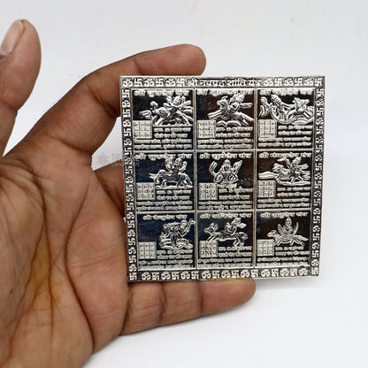 925 sterling silver handmade Shreeb Navgrah Shanti Yantra for wealth and prosperity, traditional puja and gifting artifact.