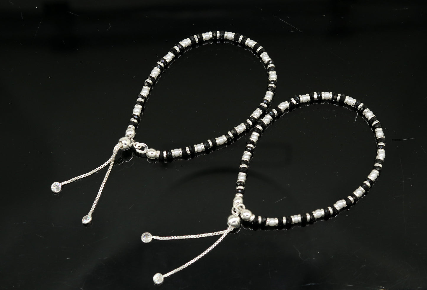 925 sterling silver handmade silver beads and black beads bracelet , pretty charm bracelet, customized beaded jewelry for girls sbr176 - TRIBAL ORNAMENTS