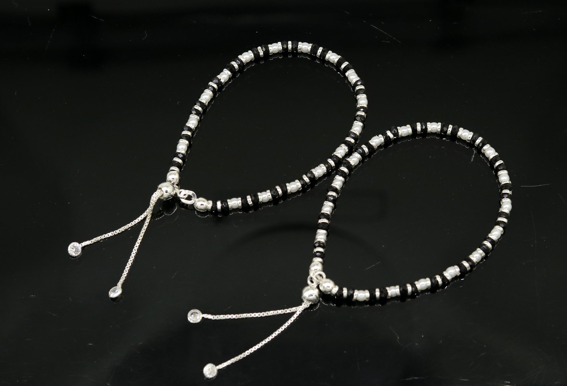 925 sterling silver handmade silver beads and black beads bracelet , pretty charm bracelet, customized beaded jewelry for girls sbr176 - TRIBAL ORNAMENTS