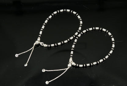 925 sterling silver handmade silver beads and black beads bracelet , pretty charm bracelet, customized beaded jewelry for girls sbr176 - TRIBAL ORNAMENTS
