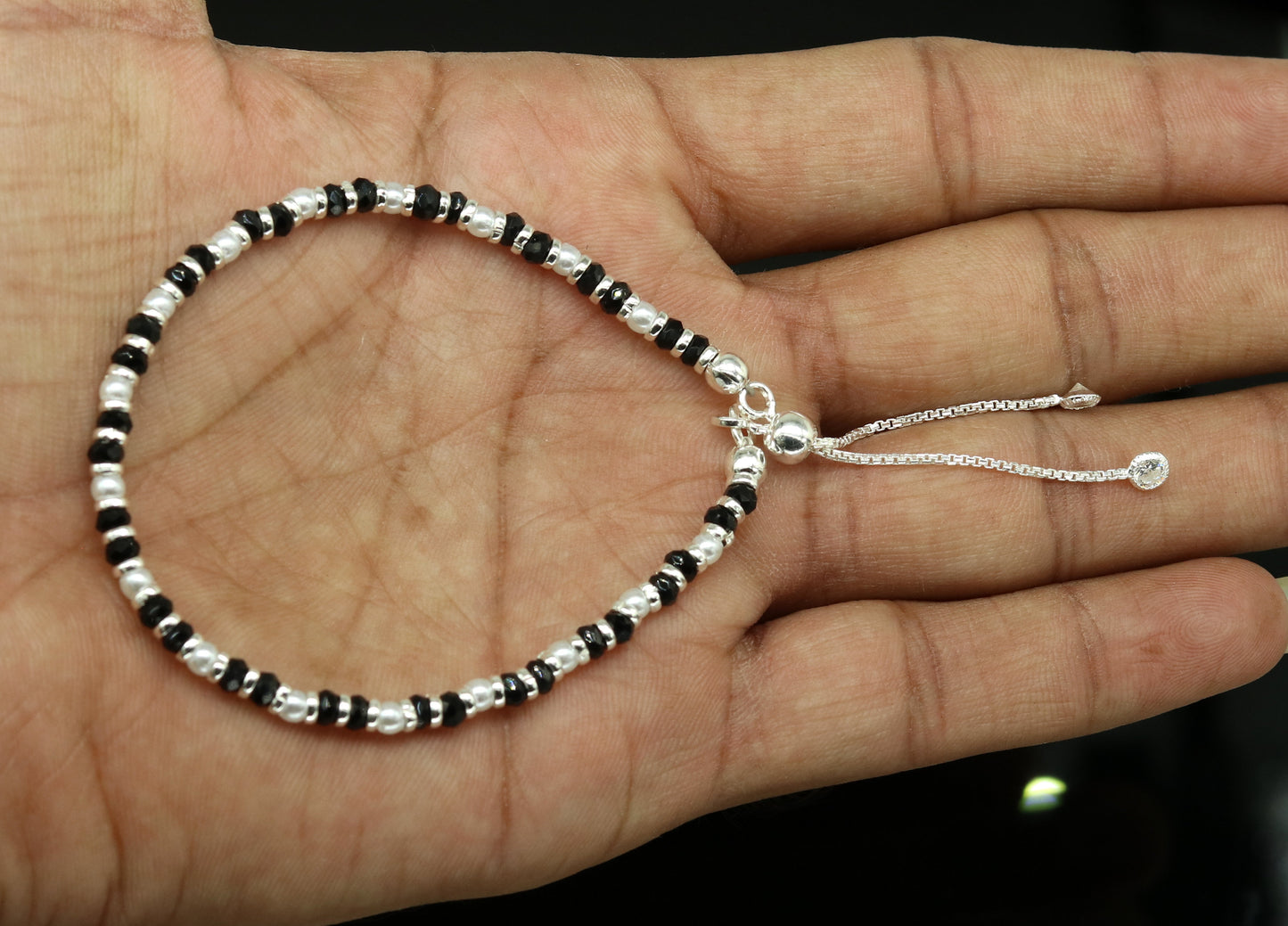 925 sterling silver handmade silver beads and black beads bracelet , pretty charm bracelet, customized beaded jewelry for girls sbr176 - TRIBAL ORNAMENTS