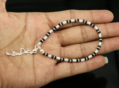 925 sterling silver handmade silver beads and black beads bracelet , pretty charm bracelet, customized beaded jewelry for girls sbr176 - TRIBAL ORNAMENTS