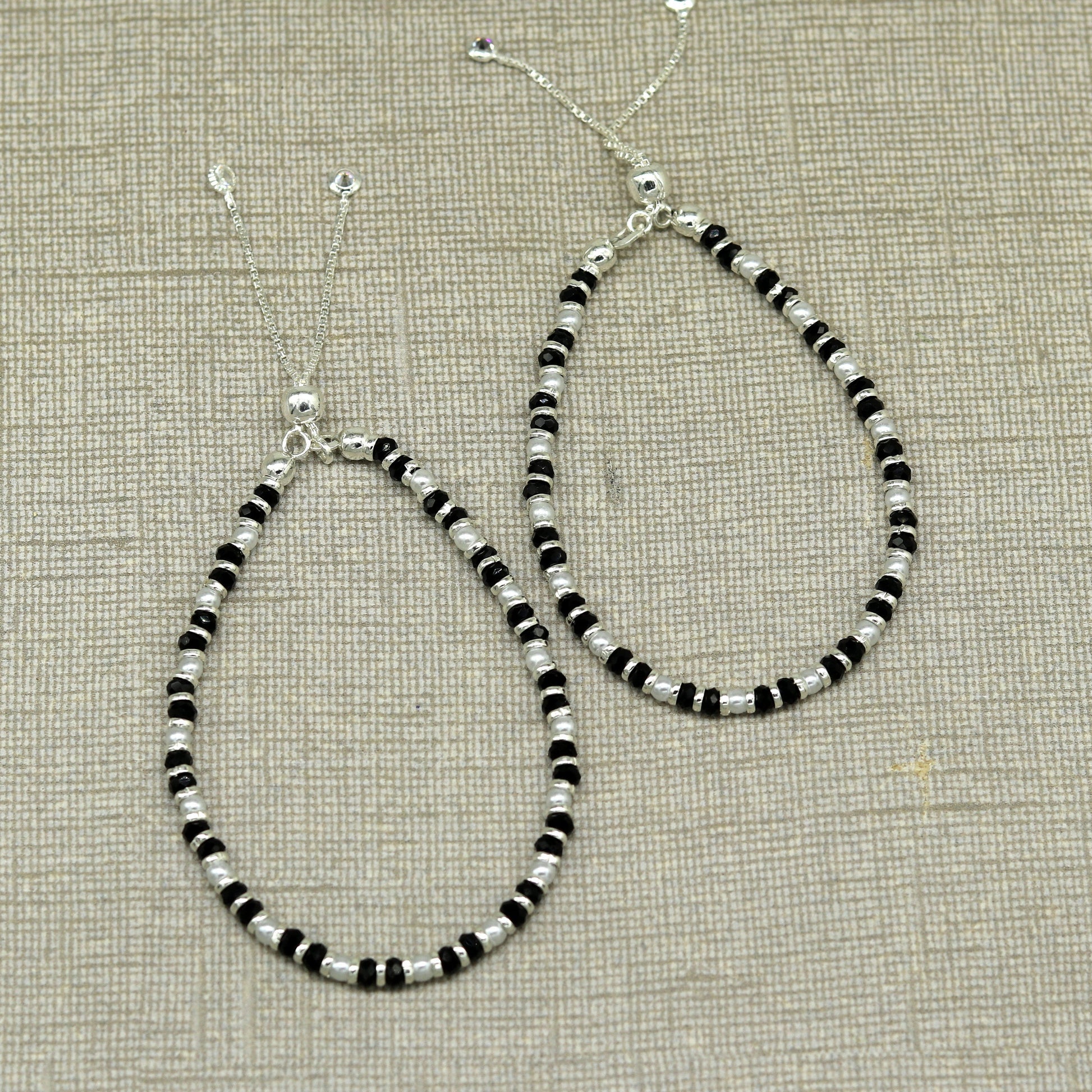 925 sterling silver handmade silver beads and black beads bracelet , pretty charm bracelet, customized beaded jewelry for girls sbr176 - TRIBAL ORNAMENTS