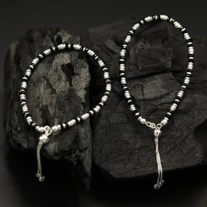 925 sterling silver handmade silver beads and black beads bracelet , pretty charm bracelet, customized beaded jewelry for girls sbr176 - TRIBAL ORNAMENTS