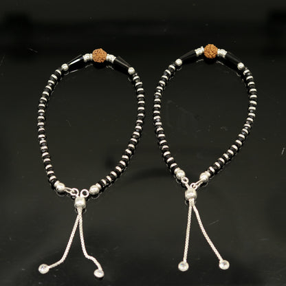 925 sterling silver handmade silver Rudraksh and black beads bracelet , pretty charm bracelet, customized beaded jewelry for girls sbr175 - TRIBAL ORNAMENTS