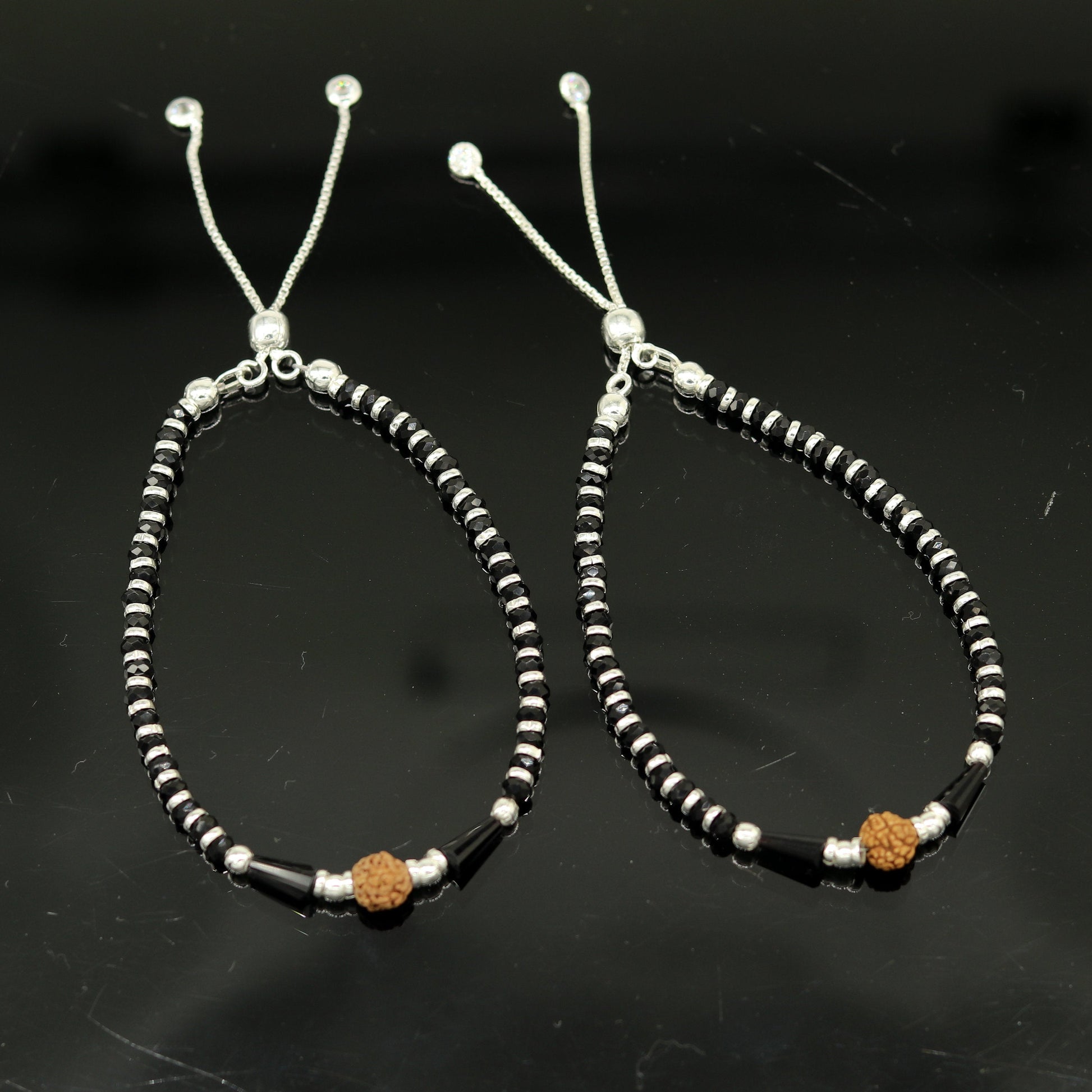 925 sterling silver handmade silver Rudraksh and black beads bracelet , pretty charm bracelet, customized beaded jewelry for girls sbr175 - TRIBAL ORNAMENTS