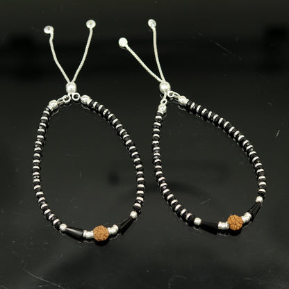 925 sterling silver handmade silver Rudraksh and black beads bracelet , pretty charm bracelet, customized beaded jewelry for girls sbr175 - TRIBAL ORNAMENTS